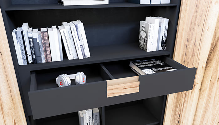 bibliothèque sur mesure avec tiroirs