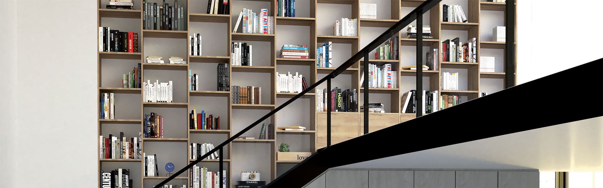 habillage mur avec bibliothèque sur mesure